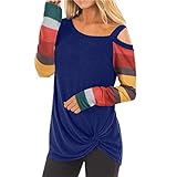 Damen T-Shirt mit Rundhalsausschnitt und kalter Schulter schmale Tunika lässig Pullover T-Shirt Bluse gestreiftes langärmliges T-Shirt mit Einer Schulter modisch und sexy Front-Twist-Tops