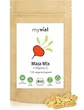 myvial® Bio Maca Kapseln mit Bio Vitamin C (Acerola) 120 Stück hochdosiert 503mg pro Kapsel - Pulver Mix aus roter gelber schwarzer Maca Wurzel - 30-Tage-Vorrat vegan ohne Zusätze plastikfrei