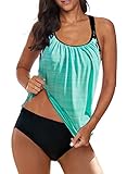 Jusfoouo Tankini Damen Bauchweg Damen Sport Tankini Badeanzug Zweiteiliger Badeanzug mit Hot Pants Hellblau Large