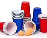 Lucky Humans® [50+5] Premium Beer Pong Becher, Bierpong Becher Set | 25 rote+ 25 Blaue Becher +5 gelborangene Bälle Inklusive E-Book Bierpong Regeln 530 ml Plastikbecher Red Cups Beerpongbecher