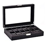 Uhrenbox Mit 12 Gittern, Schwarze Kohlefaser, Transparenter Deckel, Schmuck-Display-Box Für Uhren, Armbänder, Uhrengehäuse, Organizer, Elegante Geschenkbox Für Damen Und Herren, Armbanduhrhalter