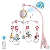 Mini Tudou Baby Musik Crib Mobile Babybett mit Timing-Funktion Projektor und Lichtern, hängenden rotierenden Rasseln und ferngesteuerter Spieluhr mit 150 Melodien, Spielzeug für Neugeborene(Rosa)