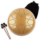 LOMUTY Stahlzungentrommel, 6 Zoll 15 cm Steel Tongue Drum, C-Dur 8 Noten, Handtrommel HandPan Drum mit Drumsticks/Tragetasche(Gold)