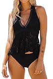 Beachsissi Frauen Soild Color Zweiteiler Bikini Neckholder Rüschensaum Beachsuits Lace Panel Niedliche Tankini Sets, Schwarz, M