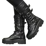 Minetom Damen Winter Gothic Punk Plateau Stiefel Goth Schnalle Zipper Wedges Mid Schuhe Plattform Biker Boots Chunky Motorrad Stiefel B Schwarz 43 EU