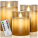 KESSER® LED Kerzen 3er Set Flammenlose Kerze mit Fernbedienung Timerfunktion Timer Dimmer Echtwachskerze 10cm, 12,5cm,15cm Hoch Realistisch Flackernde Flacker-Licht Led-Flammen Glas Deko, Gold