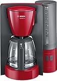 Bosch Filterkaffeemaschine ComfortLine TKA6A044, Aroma+, Aromaschutz-Glaskanne 1,25 L, für 10-15 Tassen, abnehmbarer Wassertank, Tropfstopp, schwenkbarer Filterträger, Kabelstaufach, 1200 W, rot