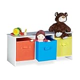 Relaxdays Kindersitzbank mit Stauraum ALBUS, bunte Stoffkörbe, Spielzeugtruhe zum Sitzen, Faltbare Stoffboxen, Spielzeugaufbewahrung, HxBxT: ca. 35,5 x 81 x 29 cm, weiß