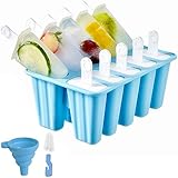 Eisformen, 10 Silikon Popsicle Formen Set, DIY hausgemachte kreative Popsicle Formen Set mit 1 Silikontrichter und 1 Reinigungsbürste, BPA-Frei (Blau)