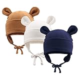 Pesaat Baumwolle Erstlingsmützen 0-12Monate Baby Mütze Neugeborene Mädchen Jungen Baby Beanie Newborn Mütze Mit Ohren und Band,Sommer,Frühling,Winter (Marine+Braun+Weiß, 0-6Monate)