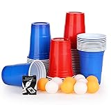 JOYZYAIYY Beer Pong Becher Set,Bierpong Becher,50 Beerpong Becher +10 Bällen,473ml Beerpongbecher mit Bällen,Partybecher 25 Rot + 25 Blau 16.6oZ Cups,mehrwegbecher Für Party Trinkspiele Game - Groß