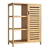 HOCSOK Badezimmerschrank aus Bambus Badschrank mit Lamellentür und 3 offene Fächer Aufbewahrungsschrank für Wohnzimmer Küche Flur 66x33x87cm