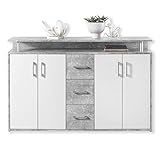 Stella Trading DRIFT Sideboard mit Ablage in Beton Optik, Weiß - Moderne Kommode mit Schubladen und viel Stauraum für Ihren Wohnbereich - 139 x 90 x 34 cm (B/H/T)