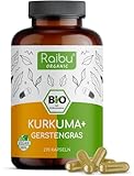 Raibu® Kurkuma Gerstengras Kapseln Bio (270 Kapseln x 700 mg) Vegan, Curcuma und Gerstengras Mix im Verhältnis 2:1, Gerstengras Kurkuma Kapseln hochdosiert, in Deutschland hergestellt