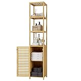 FOREHILL Hochschrank Badregal Bambus Standregal Badezimmerschrank Schmal Badschrank Badmöbel mit 3 Ablagen für Bad aufbewahrung 169x33x33cm (Natur)