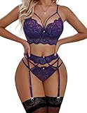 Avidlove Dessous Damen Sexy Reizwäsche Strapsen Dessous Set Unterwäsche BH und Slip Lila, S