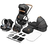 LIONELO Amber Kinderwagen 3 in 1 Kombikinderwagen Set sportlicher Sitz fester Babywanne Autositz Tasche Moskitonetz Regenschutz XXL-Dach mit Sonnenschutz (GRAU GRAFIT)