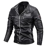 Bomberjacke Leder Herren Gefüttert Schwarz Kunstlederjacke Stehkragen Reißverschluss Lederjacke Winter Plus Velvet Leder Bikerjacke Winterlederjacken Outdoorjacke