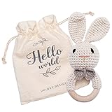 Mamimami Home Beißring Gehäkelte Babyrassel Häkeln Beißring Holz Greifling Baby Rassel Geschenk zur Geburt Handmade Junge und Mädchen,Geschenk zur Geburt(Hase)