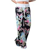 Gerades Bein Hose für Damen Mode Casual Floral Gedruckt Lose Kordelzug Weites Bein Yogahose Sommer Slacks Damen Tailored Trainingsanzug Arbeit Oberbekleidung Bootcut Pendeln Hose, 01 black, XXL