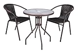 Nexos Bistroset Balkonset Rattanset – Sitzgarnitur aus Glastisch & Bistrostuhl – Stahlgestell Poly-Rattan Glasplatte – robust stapelbar – dunkel-braun