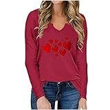 Shirt Damen Herz Romantisch Leichte V Ausschnitt T Shirt Baumwoll Langen ärmeln Shirts Women's Overzised Tailliertes Schule Herbst Rot