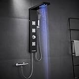 ROVOGO LED Duschpaneel ohne Armatur, 4 Funktionen Duschpaneel mit Regendusche, Massagedüsen, Handbrause und Wanneneinlauf, Schmal Duschsäule Edelstahl, Schwarz