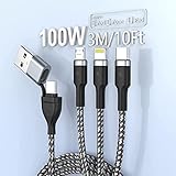 10FT 100W USB C Multi-Schnellladekabel 6A PD 66W 2-in-3 Universal-Schnellladekabel, Multi-Ladekabel mit MFI iPhone/Typ C/Micro-Anschlüssen Fast Sync-Ladeadapter für Laptop/Tablet/Telefon