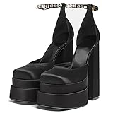 PAUVAODY Damens Plateau Chunky High Block Heels Kn?Chelriemchen Schnalles Wedge Dress Pumps Silk Satin Square Toe Hot High Heel Mode Schuhe Black Size 38