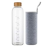 sunkey Trinkflasche Glas 1 Liter Wasserflasche mit Schutzhülle Bambusdeckel Zeitmarkierungen Glasflasche to Go 1000ml (Grau)