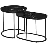 HOMCOM 2er Set Couchtisch Satztisch Rund Oval Beistelltisch Kaffeetisch Stapelbar für Wohnzimmer mit Faux Marmor Seite bis 30 kg MDF Stahl Schwarz Ø50 x 50,5H cm