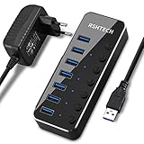 RSHTECH USB Hub Aktiv 3.0 mit Netzteil, Aluminium USB 3.0 Hub mit 7 USB 3.0 Ports, USB 3.0 Port Verteiler zum Laden und zur Datenübertragung, mit 10W(5V/2A) Netzteil und Einzelnen Schalter, RSH-518-2