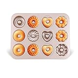 Donuts Backform Kuchen Bagelform Backformen Donut Formen Backblech aus Kohlenstoffstahl Antihaft 4 verschiedene Modelle 12 Vertiefungen für Donut-Backen Muster Muffins Kekse Bagels Pudding Form