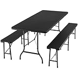 tectake 801081 Campingmöbel Set, klappbare Campingtischgarnitur mit Tisch und Zwei Bänken, 180cm lang, Picknick Bierzeltgarnitur, 3-teilig, mit Tragegriffen,klappbar (schwarz (Rattanoptik))