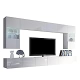 Moderne Wohnwand Calabrini I, Anbauwand, Mediawand, Hängevitrine, TV Lowboard, Wandregal, Wohnzimmerschrank, Fernsehschrank (mit weißer LED Beleuchtung, Weiß/Weiß Hochglanz)