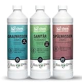 Campingtank-Set 3-teilig: Bio Sanitärflüssigkeit 1 l + Grauwassertank-Zusatz 1 l + Spülwasser-Zusatz 1 l - Power Kombi für alle mobilen Tanks - Effektive Geruchsbekämpfung und langanhaltende Frische