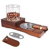 X-BLTU Hölzerner Zigarrenaschenbecher/Aschenbecher mit Whiskey Glas Tablettund Zigarrenhalter+ 1 Edelstahl Zigarrenabschneider Mit Holster,Zigarren Schneider Zigarren Cutter, Doppelte Klinge Schere