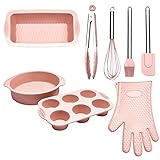 WANAONE 8-in-1 Antihaft-Silikon-Backformen-Set, inkl. Schaber, Ölpinsel, Schneebesen, Handschuh, Lebensmittelzange, Kuchenform, Backformen-Set (rosa)