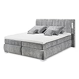 LAVERNO 8 Boxspringbett 180x200 mit Bettkasten, Grau - Bequemes Doppelbett mit 7-Zonen Federkern Wendematratze & LED-Beleuchtung - 200 x 120 x 212 cm (B/H/T)