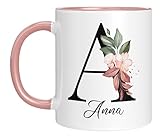 Personalisierte Tasse - 'Namens-Tasse mit Blumen Motiv' - mit Ihrem Anfangsbuchstaben und Namen - personalisiert - Geburtstag - Kaffeetasse - beidseitig bedruckt - Geschenke für Frauen (Rosa)