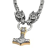 Halsketten Männer, Herren Nordische Mythologie Keltischer Wolf Mjölnir Halskette Edelstahl Irischer Wolfskopf Thors Hammer Anhänger Amulett Wikinger Königskette Keltischer Heidnischer Schmuck