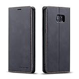 EYZUTAK Hülle für Samsung Galaxy S7 Edge, Magnetverschluss Premium PU Leder Flip Case mit Kartenfächern Brieftasche Standfuntion stoßfeste Silikonhülle Retro Ledertasche - Schwarz