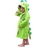 LOLANTA Kinder Fleece Bademantel Dinosaurier Plüsch Kapuzenbademantel, Grüner Dinosaurier,M (3-5 Jahre)