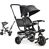 HOMCOM Dreirad mit Schubstange drehbarer Sitz 4-in-1 Kinderdreirad Kinder Fahrrad mit Sicherheitsgurt und Sonnendach Kinderauto Metall Polyester Eva Schwarz 111,5 x 52 x 98 cm