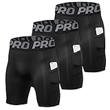 YUSHOW 3er Pack Kompressionshose Herren Kurz Sporthose Schnelltrocknende Atmungsaktive Sommer Kurze Hosen Schwarz Männer Laufhose Funktionsunterwäsche mit Taschen