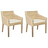 Tidyard Esszimmerstühle Rattanstuhl 60 x 60 x 79 cm (B x T x H) mit Kissen 2 STK. Natur Rattan Mit geraden Armlehnen Holzstuhl Gartenstuhl Essstuhl Cremeweiß