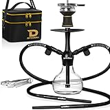 Mini Shisha Set, 42cm Hookah to go mit 2 Anschlüssen 2 Schläuchen - Aluminium Wasserpfeife Komplettset – Reise Shisha Klein mit Zubehör – Steinkopf Kaminaufsatz Schlauch Dichtung Mundstück Tragetasche