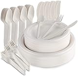 Aitsite 250 Stück Teller Set, Kompostierbar Ökologisch Pappteller, Gabeln,Messer und Löffel kombiniert,für Grillfest,Camping,Picknick oder Party (Beige)