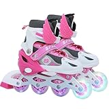 YENTAKE Rollschuhe, Inliner Roller Skates mit 3 Größen Verstellbar, LED Rädern, Mehrere Größenoptionen, Inlineskates für Kinder Erwachsene Jungen Mädchen (Rosa, S (26-32 EU / 170-203 MM))