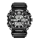 PINDOWS Sportuhr FüR Herren Analog Digita, Led Hintergrundbeleuchtung Wasserdicht Elektronische Armbanduhr, Multifunction Analog Quarz Dual Display Chronograph,Schwarz